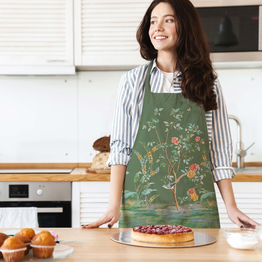 Floral Bird Kitchen Apron|Flower Print Smock with Adjustable Neck and Waist Strap|Peacock and Parrot Kitchen Pinafore Gift For Him or Her