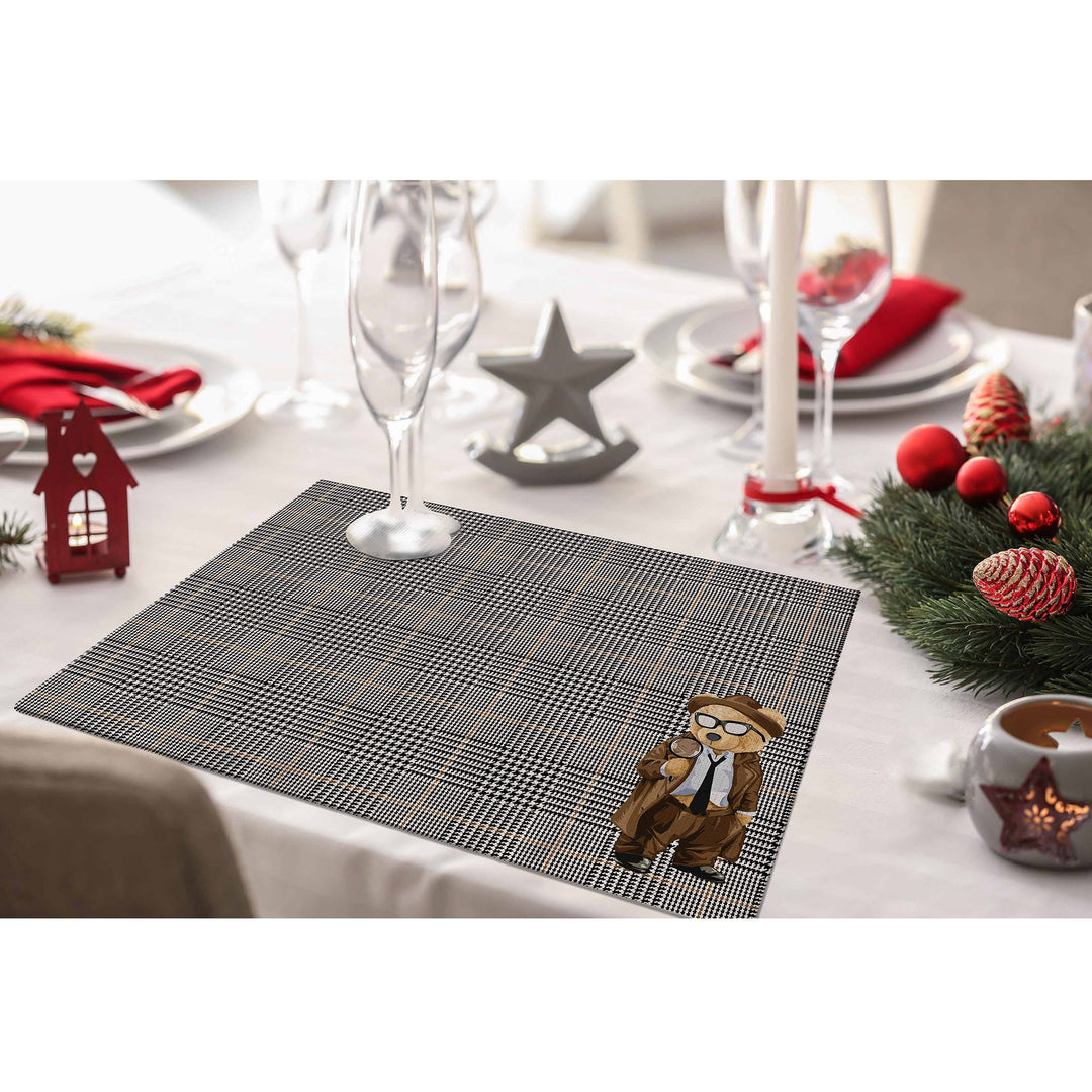 Set of 4 Cute Bear Placemat|Plaid Pattern Table Mat|Animal Print Dining American Service|Farmhouse Style Decorative Rectangle Coaster Set