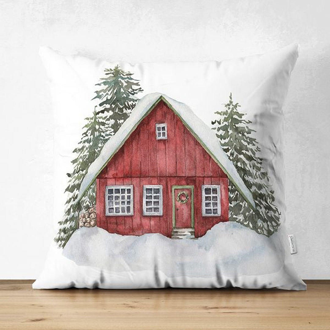 Winter Pillow Cover|Xmas Deer and Pine Tree Home Decor|House under Snow Farmhouse Style Cushion Case|Housewarming Christmas Pillow Cover