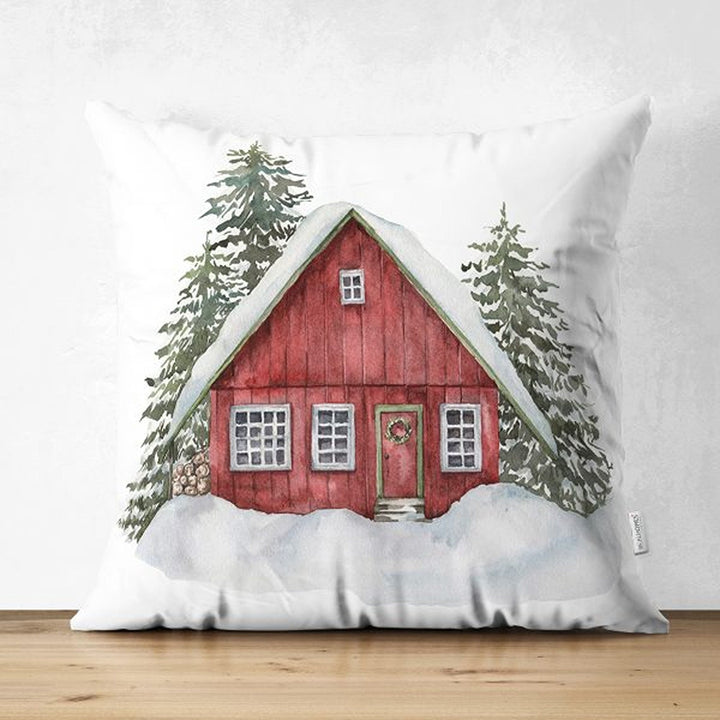 Winter Pillow Cover|Xmas Deer and Pine Tree Home Decor|House under Snow Farmhouse Style Cushion Case|Housewarming Christmas Pillow Cover