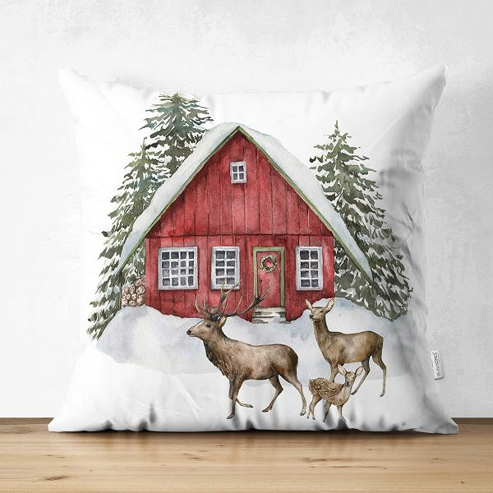 Winter Pillow Cover|Xmas Deer and Pine Tree Home Decor|House under Snow Farmhouse Style Cushion Case|Housewarming Christmas Pillow Cover