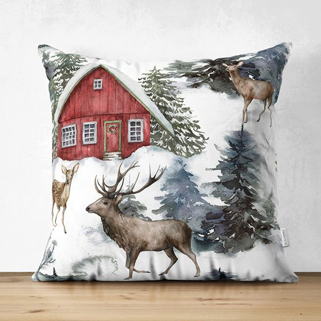 Winter Pillow Cover|Xmas Deer and Pine Tree Home Decor|House under Snow Farmhouse Style Cushion Case|Housewarming Christmas Pillow Cover