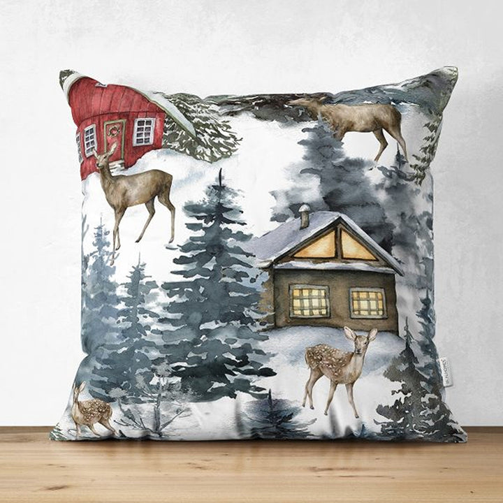 Winter Pillow Cover|Xmas Deer and Pine Tree Home Decor|House under Snow Farmhouse Style Cushion Case|Housewarming Christmas Pillow Cover