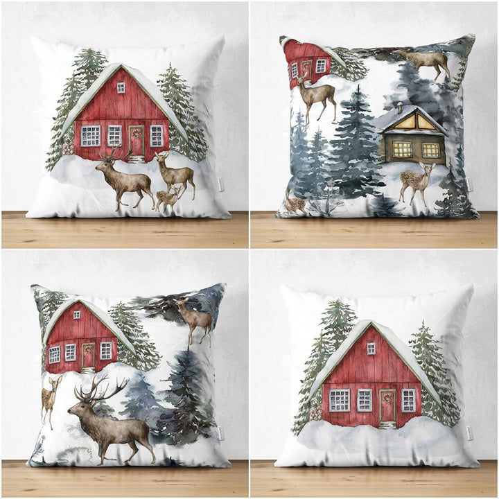 Winter Pillow Cover|Xmas Deer and Pine Tree Home Decor|House under Snow Farmhouse Style Cushion Case|Housewarming Christmas Pillow Cover