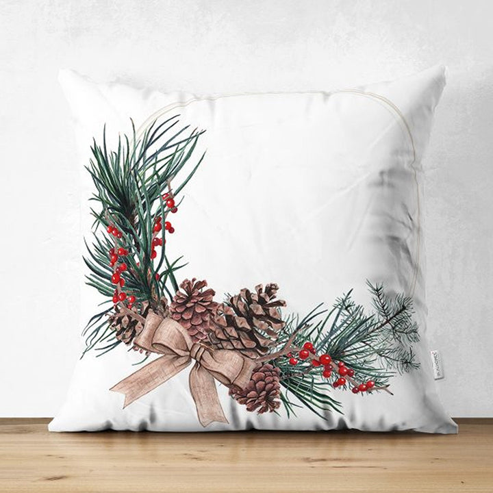 Winter Pillow Cover|Pine Cone and Pine Tree Needles Decor|Red Berries Print Farmhouse Style Cushion Case|Housewarming Christmas Pillow Cover