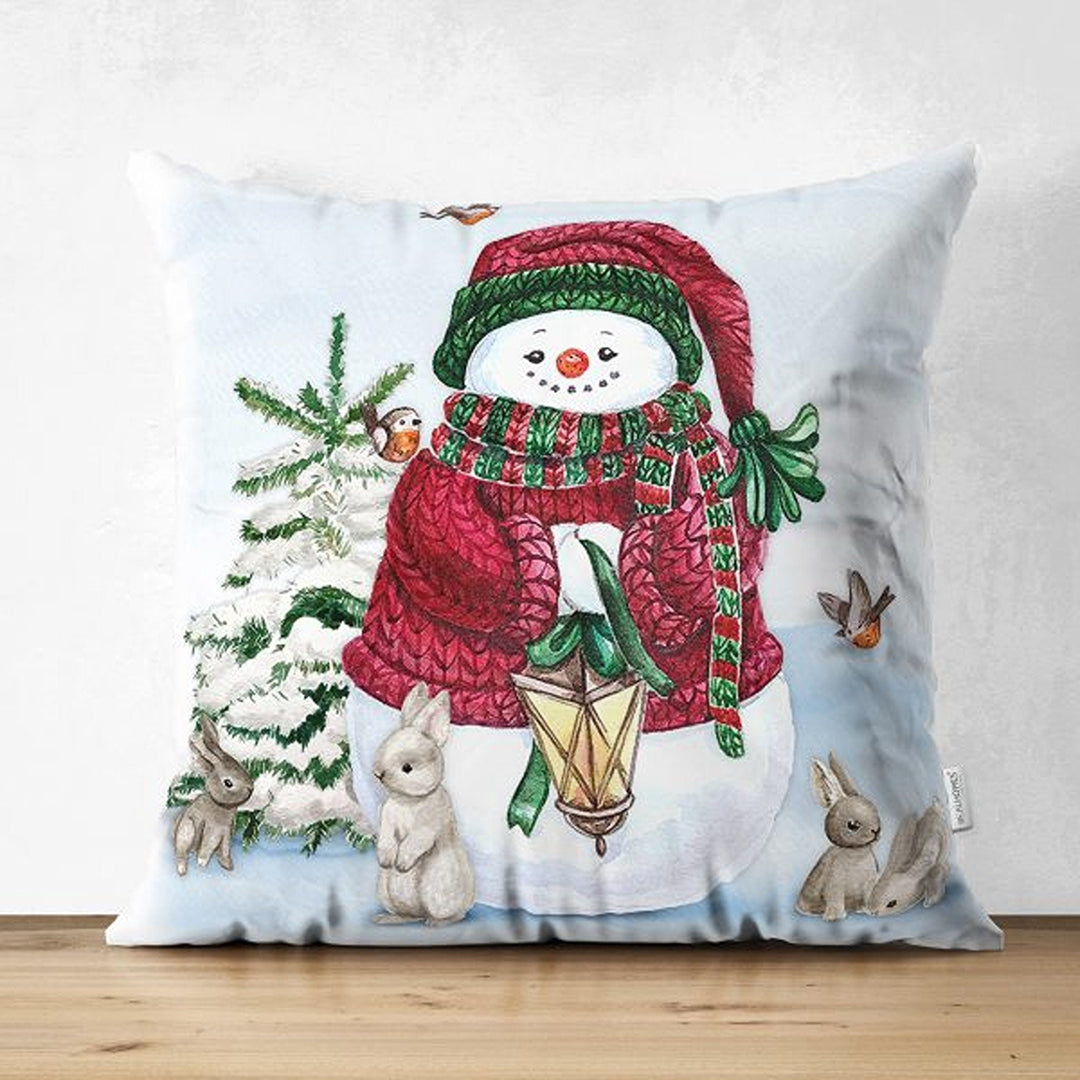 Winter Pillow Covers|Snowman and Rabbits Cushion|Red Poinsettia and Pine Cone Throw Pillowcase|Pine Tree Needles and Red Berries Pillow