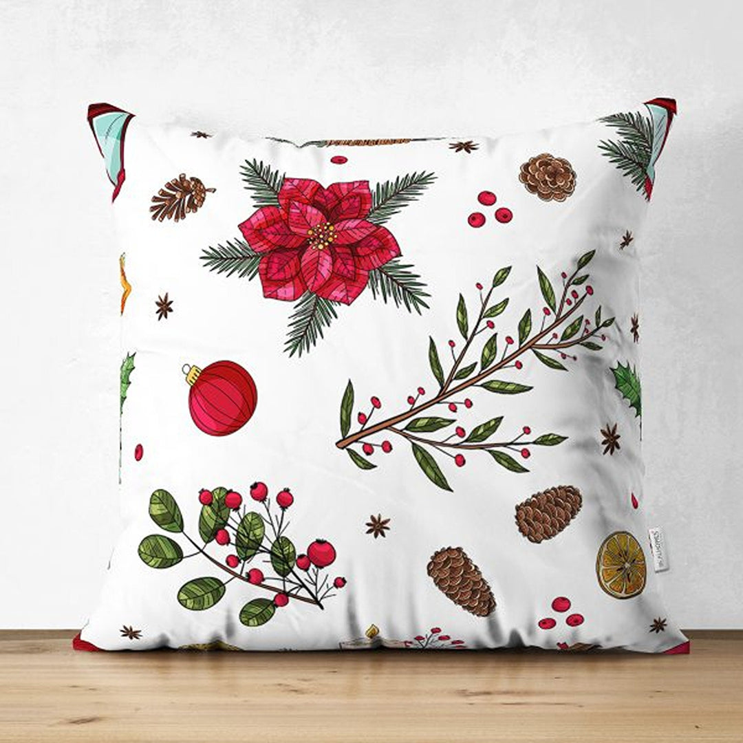 Winter Pillow Covers|Snowman and Rabbits Cushion|Red Poinsettia and Pine Cone Throw Pillowcase|Pine Tree Needles and Red Berries Pillow