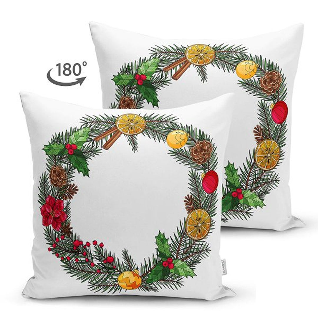 Winter Pillow Covers|Snowman and Rabbits Cushion|Red Poinsettia and Pine Cone Throw Pillowcase|Pine Tree Needles and Red Berries Pillow