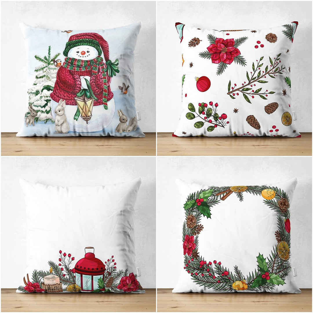 Winter Pillow Covers|Snowman and Rabbits Cushion|Red Poinsettia and Pine Cone Throw Pillowcase|Pine Tree Needles and Red Berries Pillow