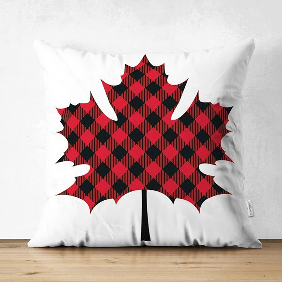 Christmas Pillow Cover|Black Red Checkered Xmas Deer and Leaf Cushion Case|Plaid Buckhorn Print Throw Pillowcase|Winter Trend Cushion