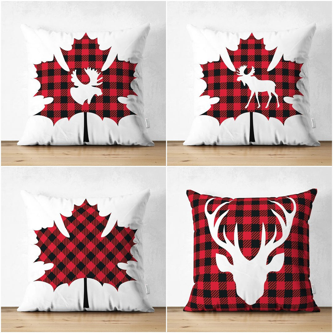 Christmas Pillow Cover|Black Red Checkered Xmas Deer and Leaf Cushion Case|Plaid Buckhorn Print Throw Pillowcase|Winter Trend Cushion