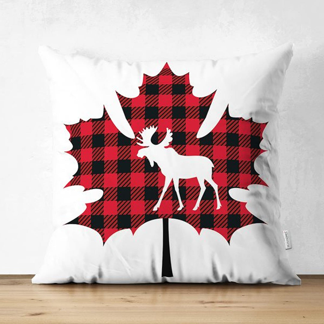 Christmas Pillow Cover|Black Red Checkered Xmas Deer and Leaf Cushion Case|Plaid Buckhorn Print Throw Pillowcase|Winter Trend Cushion