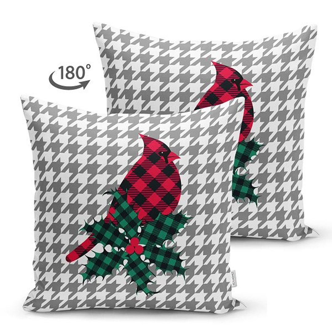 Winter Trend Pillow Covers|Red Cardinal Bird Print Cushion|Red Poinsettia and Green Leaves Throw Pillowcase|Gray White Checkered Xmas Pillow