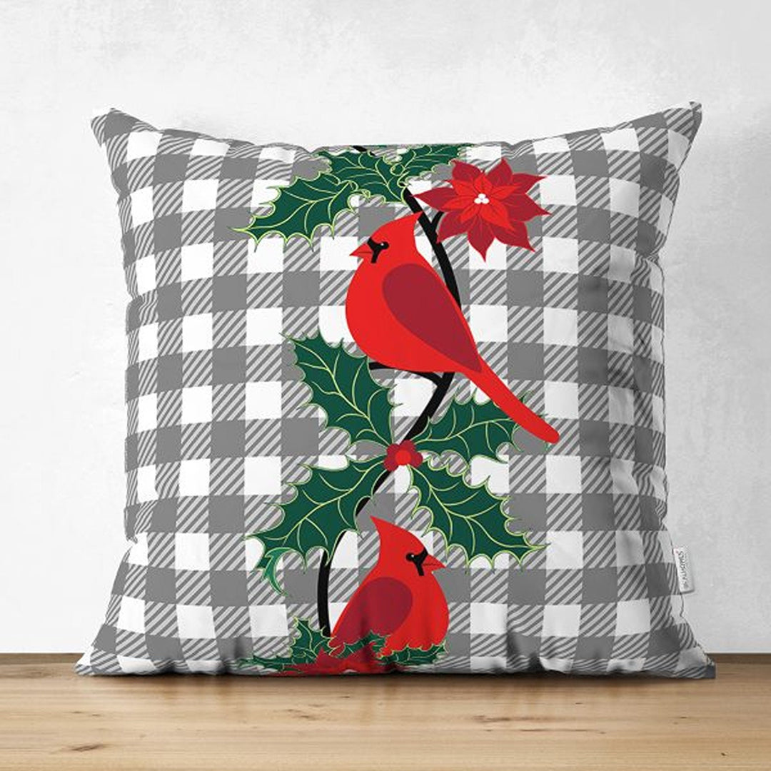 Winter Trend Pillow Covers|Red Cardinal Bird Print Cushion|Red Poinsettia and Green Leaves Throw Pillowcase|Gray White Checkered Xmas Pillow