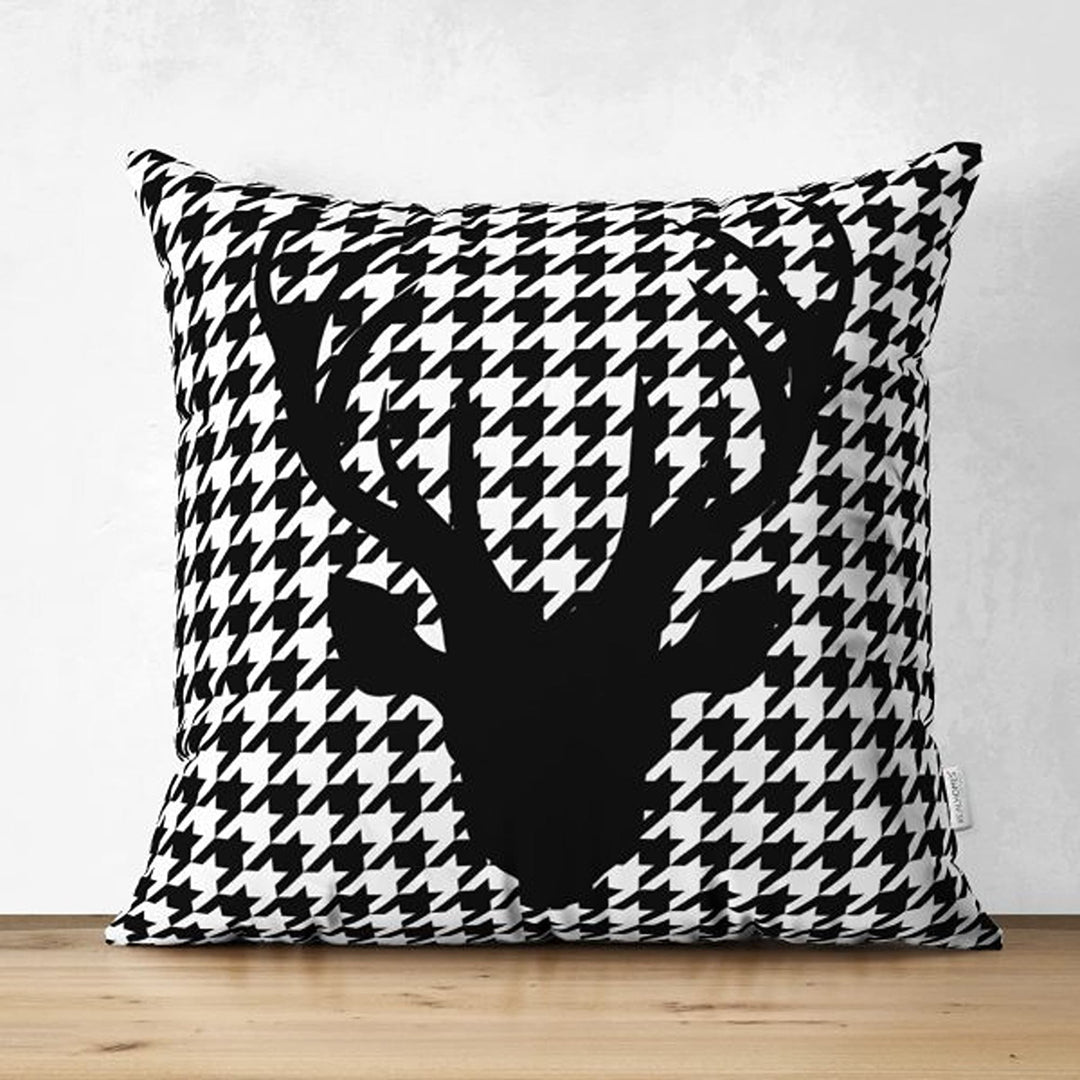 Christmas Pillow Cover|Black White Checkered Xmas Deer and Tree Cushion Case|Plaid Buckhorn Print Throw Pillowcase|Xmas Truck Winter Cushion