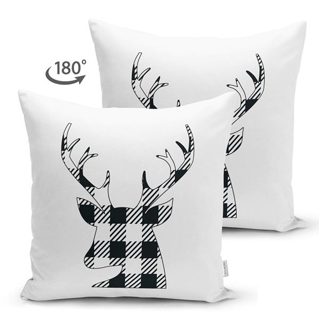 Christmas Pillow Cover|Black White Checkered Xmas Deer and Tree Cushion Case|Plaid Buckhorn Print Throw Pillowcase|Xmas Truck Winter Cushion