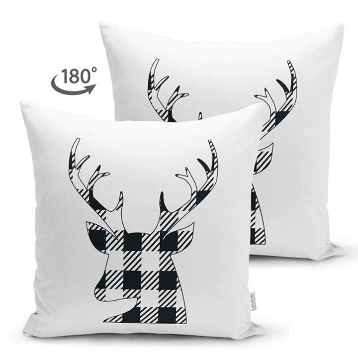 Christmas Pillow Cover|Black White Checkered Xmas Deer and Tree Cushion Case|Plaid Buckhorn Print Throw Pillowcase|Xmas Truck Winter Cushion