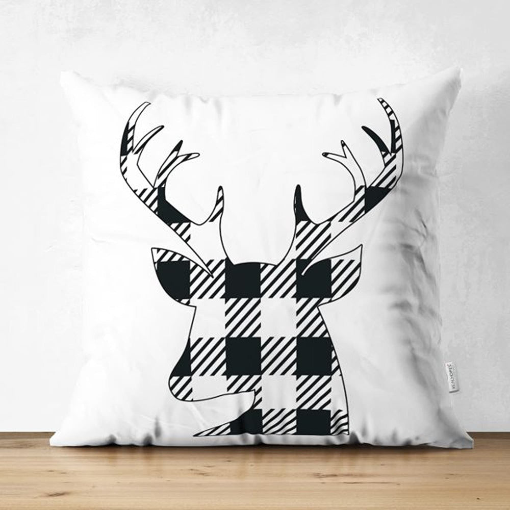 Christmas Pillow Cover|Black White Checkered Xmas Deer and Tree Cushion Case|Plaid Buckhorn Print Throw Pillowcase|Xmas Truck Winter Cushion