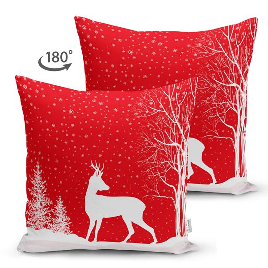 Christmas Pillow Cover|Red White Pine Tree and Xmas Deer Cushion Cover|Geometric Snowflake Throw Pillowcase|Snowflake Print Winter Cushion