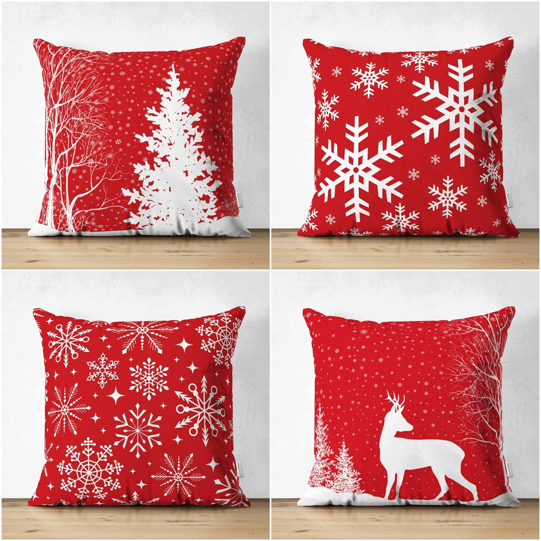 Christmas Pillow Cover|Red White Pine Tree and Xmas Deer Cushion Cover|Geometric Snowflake Throw Pillowcase|Snowflake Print Winter Cushion