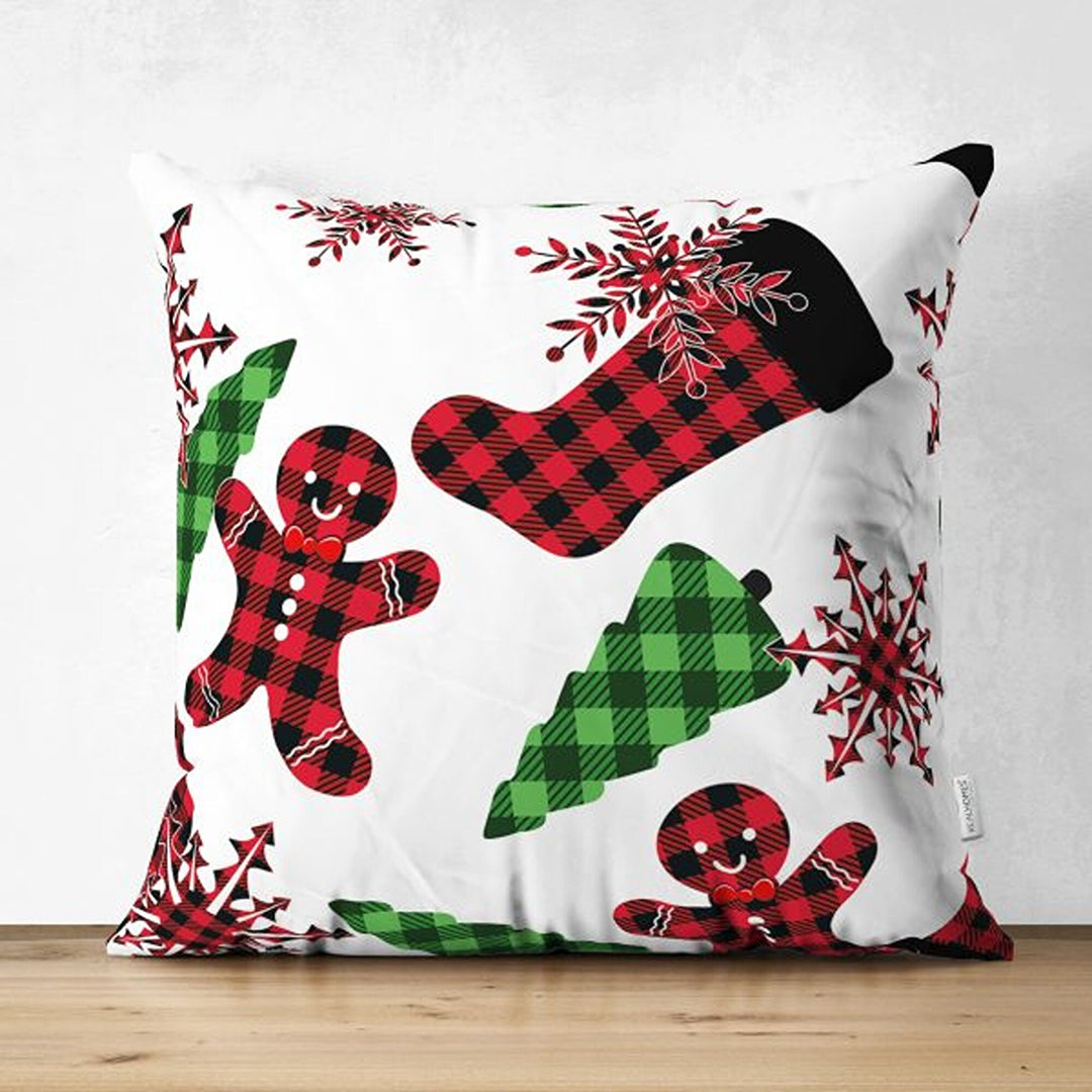 Christmas Pillow Cover|Buffalo Check Xmas Deer Cushion Cover|Pine Cone and Pine Tree Throw Pillowcase|Checkered Xmas Socks Winter Cushion