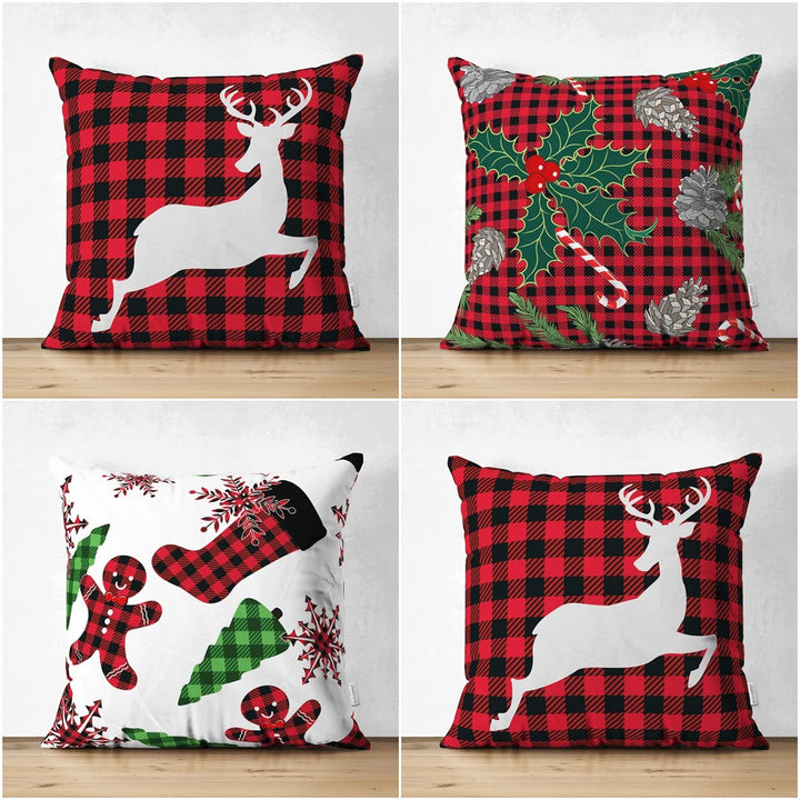 Christmas Pillow Cover|Buffalo Check Xmas Deer Cushion Cover|Pine Cone and Pine Tree Throw Pillowcase|Checkered Xmas Socks Winter Cushion