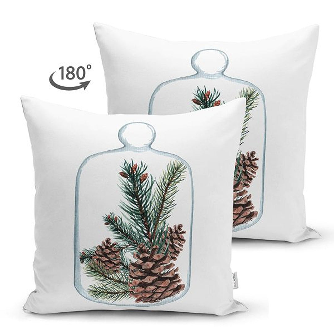 Winter Trend Pillow Covers|Red Poinsettia and White Rose Throw Pillowcase|Red Ribbon with Pine Cone and Pine Tree Needles Cushion|Xmas Decor