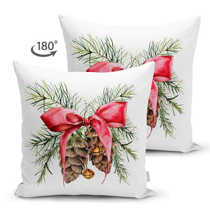 Winter Trend Pillow Covers|Red Poinsettia and White Rose Throw Pillowcase|Red Ribbon with Pine Cone and Pine Tree Needles Cushion|Xmas Decor