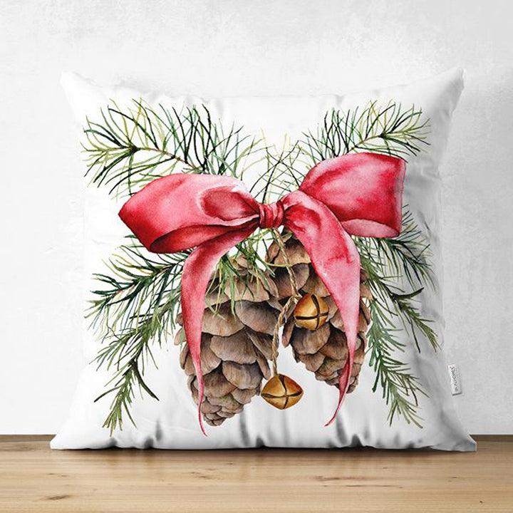 Winter Trend Pillow Covers|Red Poinsettia and White Rose Throw Pillowcase|Red Ribbon with Pine Cone and Pine Tree Needles Cushion|Xmas Decor