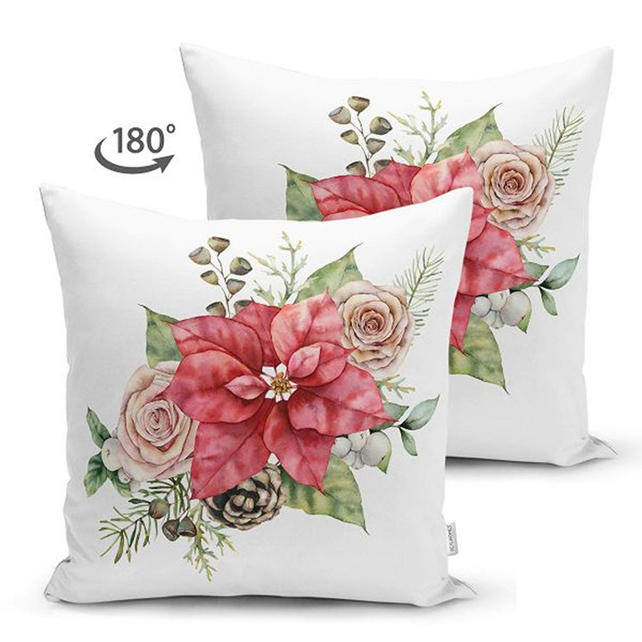 Winter Trend Pillow Covers|Red Poinsettia and White Rose Throw Pillowcase|Red Ribbon with Pine Cone and Pine Tree Needles Cushion|Xmas Decor