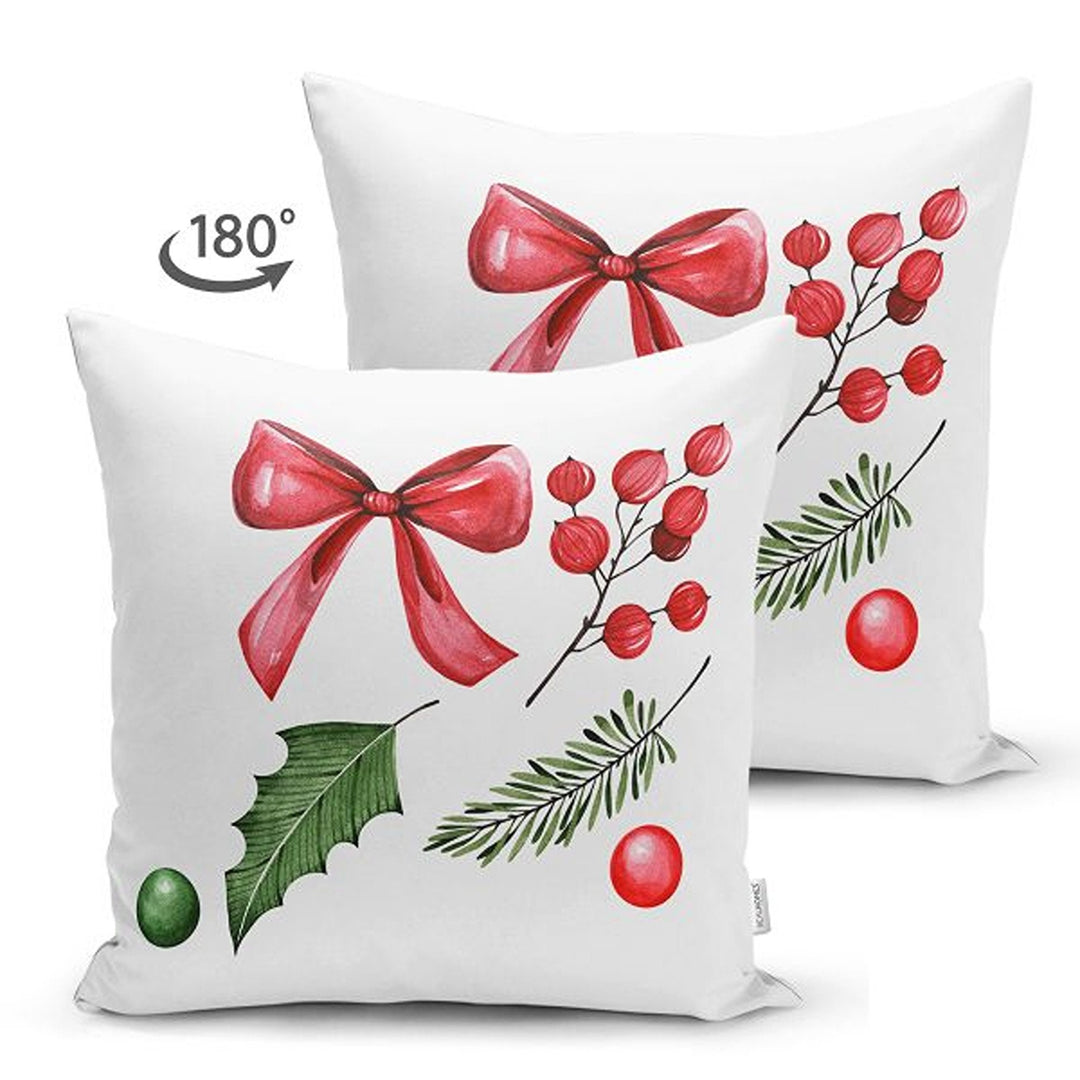 Winter Trend Pillow Covers|Red Ribbon with Berry Print Cushion|Red Poinsettia and Green Leaves Throw Pillowcase|Xmas Bell and Stocking Decor