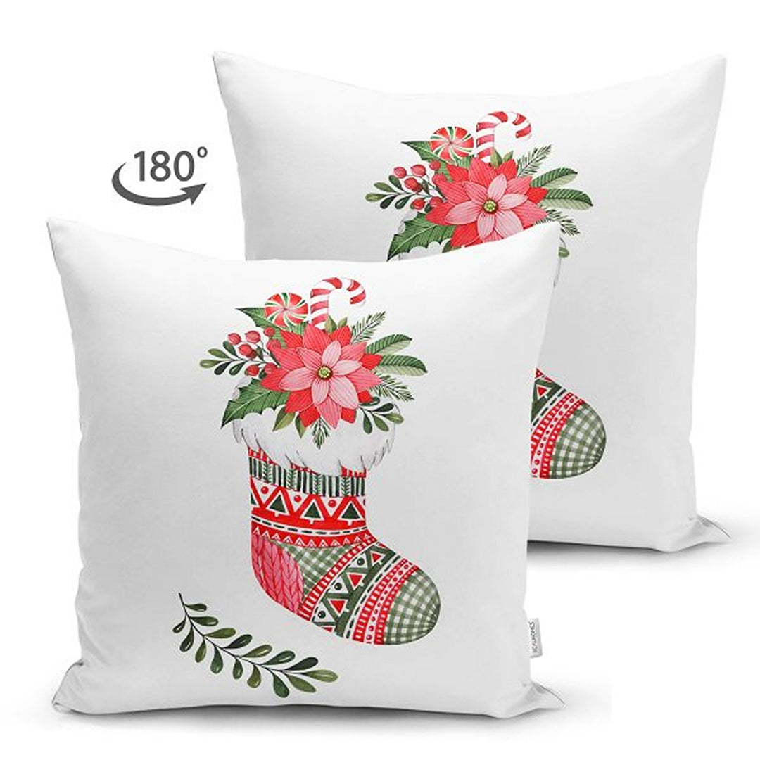 Winter Trend Pillow Covers|Red Ribbon with Berry Print Cushion|Red Poinsettia and Green Leaves Throw Pillowcase|Xmas Bell and Stocking Decor