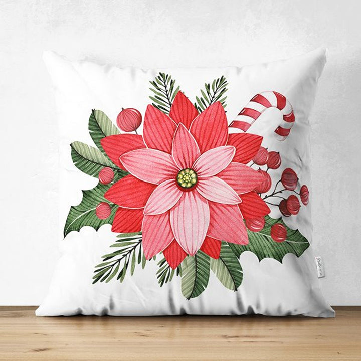 Winter Trend Pillow Covers|Red Ribbon with Berry Print Cushion|Red Poinsettia and Green Leaves Throw Pillowcase|Xmas Bell and Stocking Decor