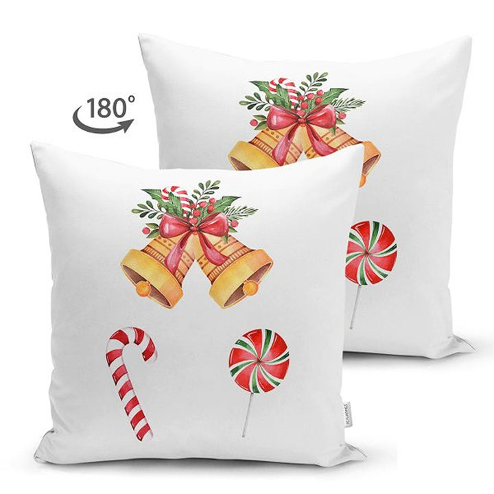 Winter Trend Pillow Covers|Red Ribbon with Berry Print Cushion|Red Poinsettia and Green Leaves Throw Pillowcase|Xmas Bell and Stocking Decor