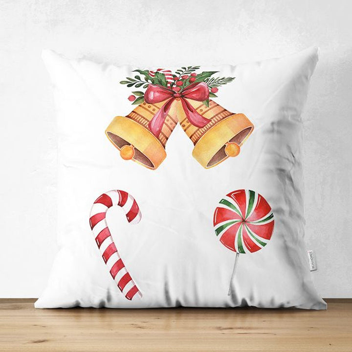 Winter Trend Pillow Covers|Red Ribbon with Berry Print Cushion|Red Poinsettia and Green Leaves Throw Pillowcase|Xmas Bell and Stocking Decor