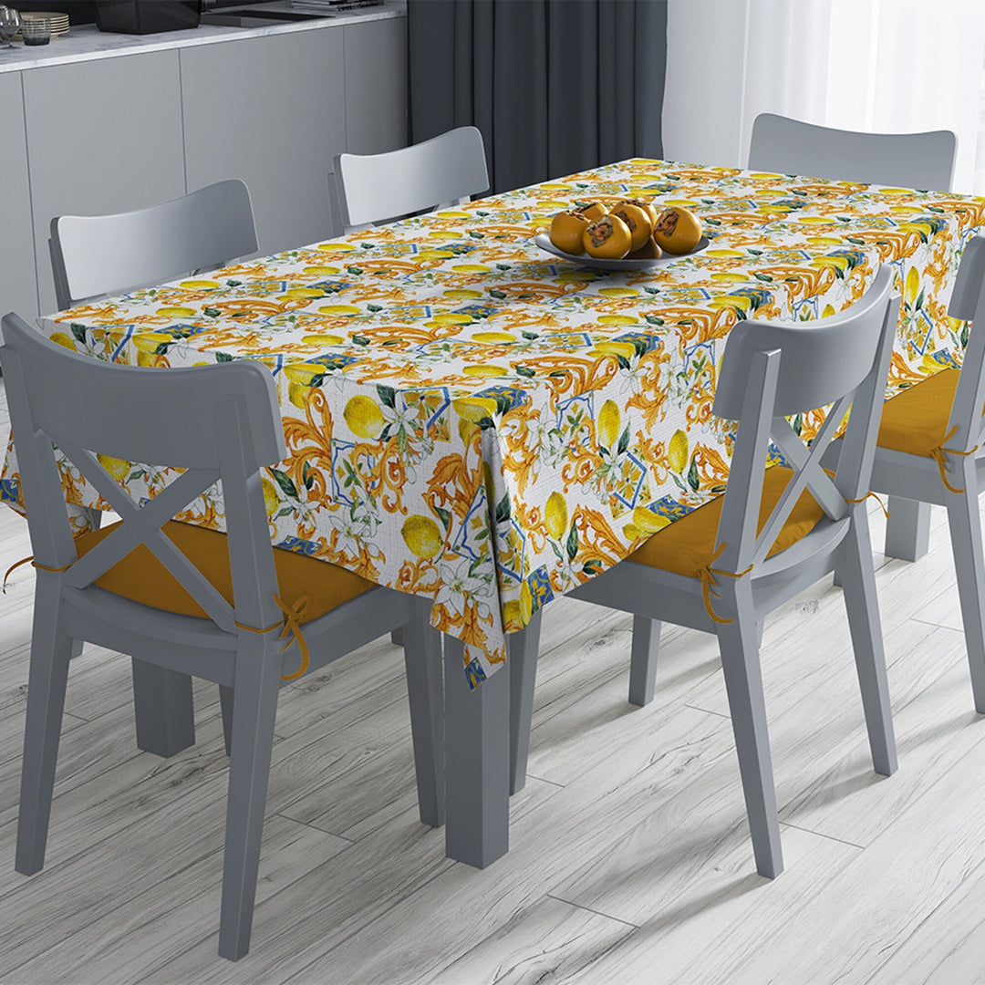 Luxury Lemon Tablecloth|High Quality Ethnic Pattern Lemon Table Decor|Avangarde Fresh Citrus Kitchen Decor|Floral Lemon Green Leaf Tabletop