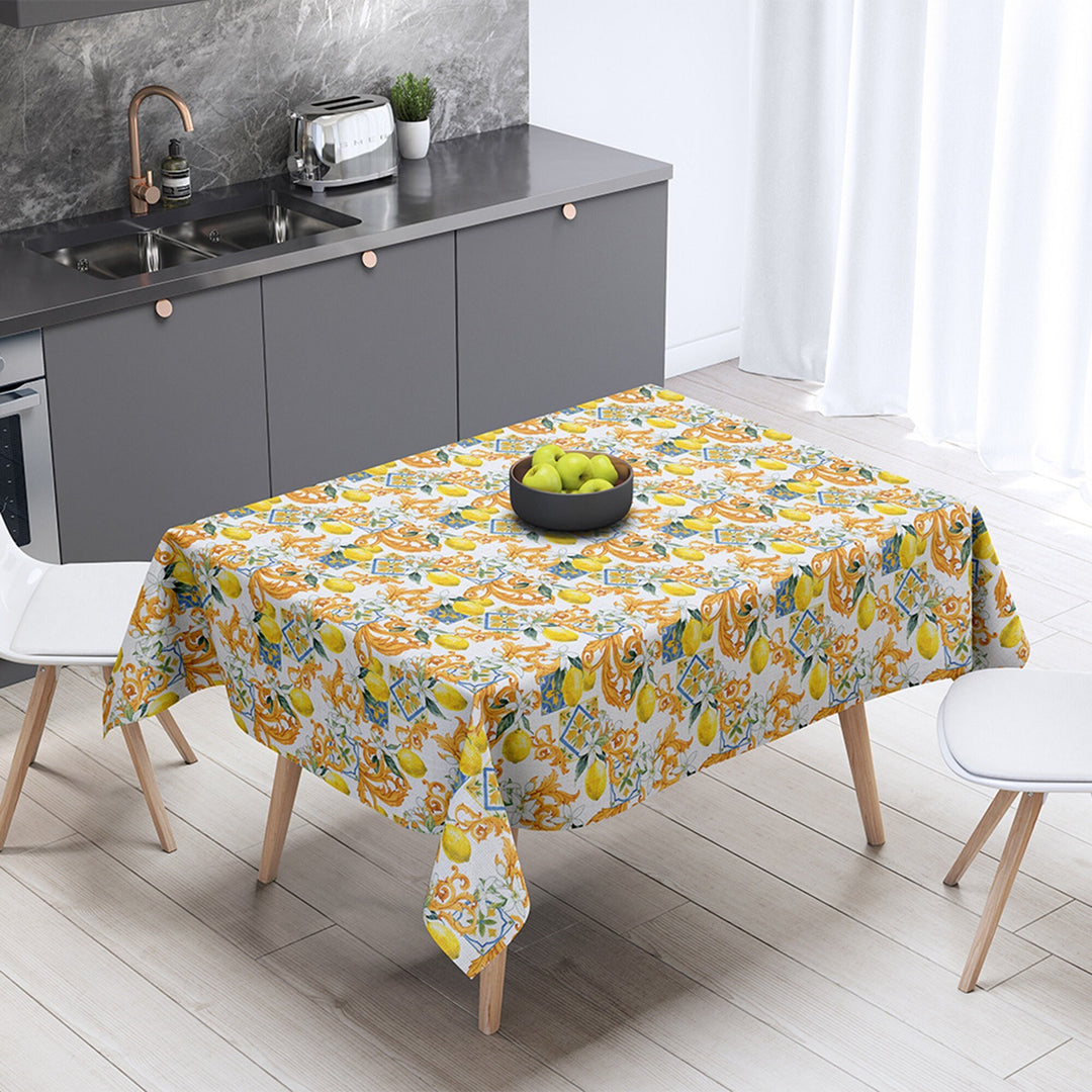 Luxury Lemon Tablecloth|High Quality Ethnic Pattern Lemon Table Decor|Avangarde Fresh Citrus Kitchen Decor|Floral Lemon Green Leaf Tabletop