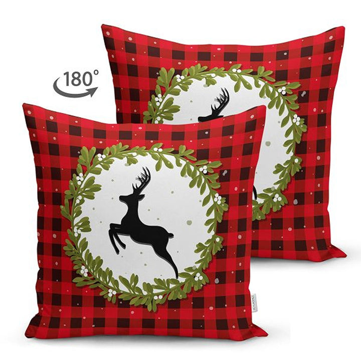 Christmas Pillow Cover|Black Red Checkered Xmas Deer and Leaves Cushion Case|Plaid Buckhorn Print Throw Pillowcase|Merry Xmas Cushion Case