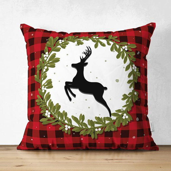 Christmas Pillow Cover|Black Red Checkered Xmas Deer and Leaves Cushion Case|Plaid Buckhorn Print Throw Pillowcase|Merry Xmas Cushion Case