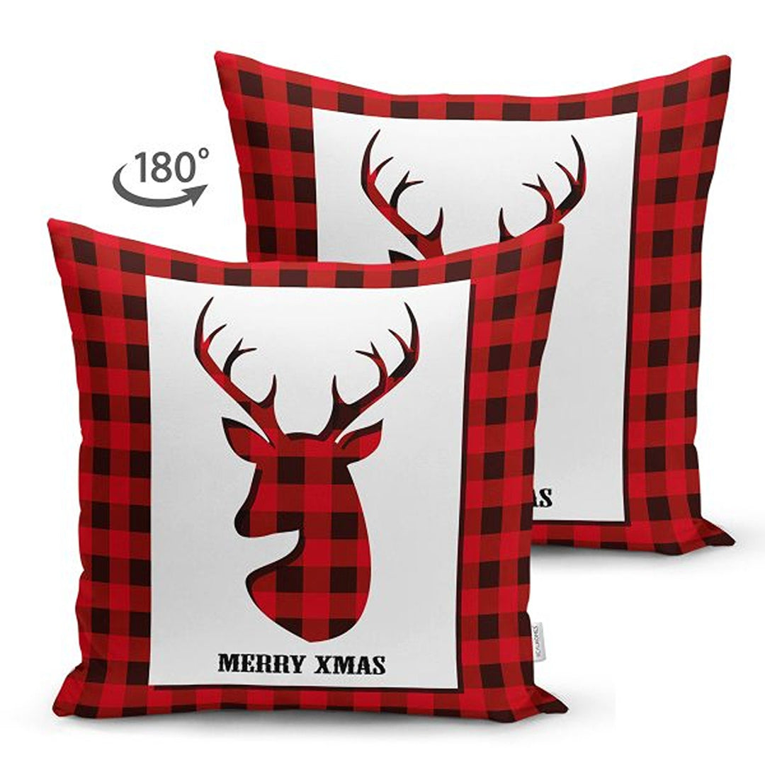 Christmas Pillow Cover|Black Red Checkered Xmas Deer and Leaves Cushion Case|Plaid Buckhorn Print Throw Pillowcase|Merry Xmas Cushion Case