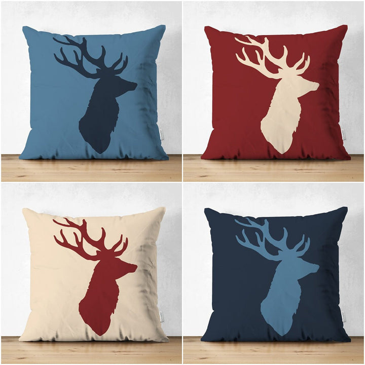 Christmas Pillow Cover|Xmas Deer Head Print Cushion Case|Solid Color Buckhorn Themed Throw Pillowcase|Winter Trend Housewarming Cushion Case