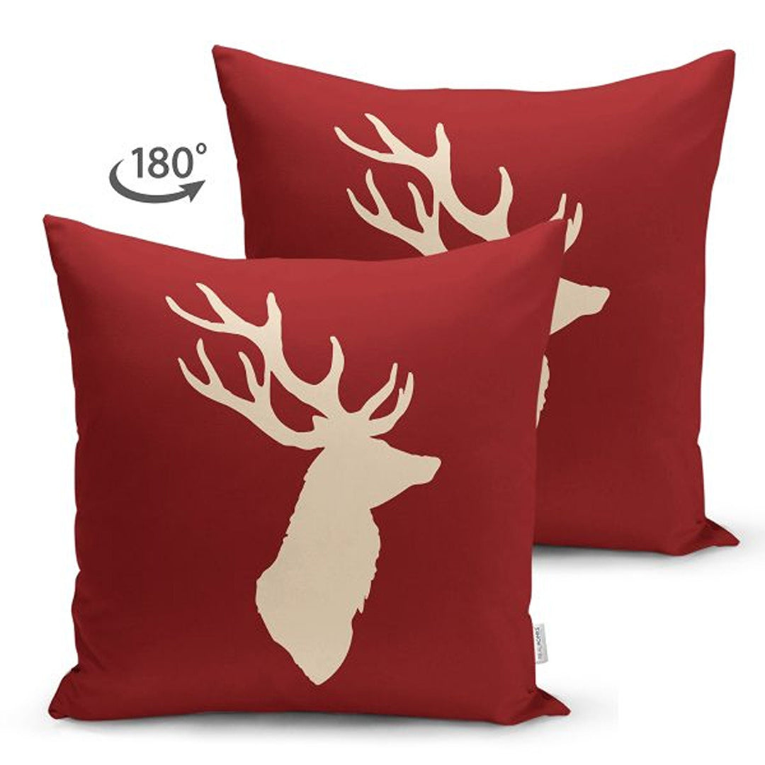 Christmas Pillow Cover|Xmas Deer Head Print Cushion Case|Solid Color Buckhorn Themed Throw Pillowcase|Winter Trend Housewarming Cushion Case