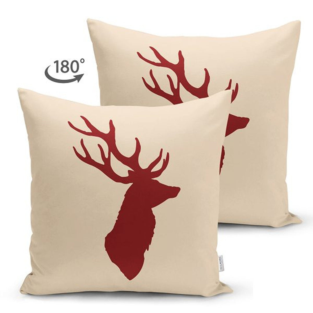 Christmas Pillow Cover|Xmas Deer Head Print Cushion Case|Solid Color Buckhorn Themed Throw Pillowcase|Winter Trend Housewarming Cushion Case