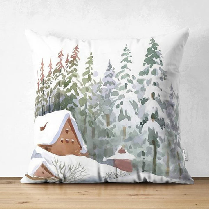 Winter Trend Pillow Cover|House under Snow Cushion Case|Pine Tree and Deer Pillowcase| Christmas Throw Pillowcase|Housewarming Sofa Decor