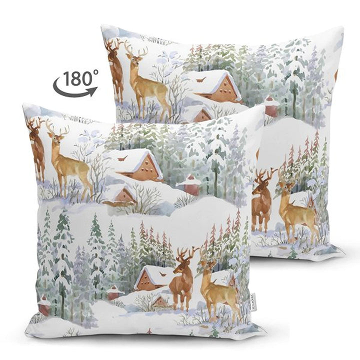 Winter Trend Pillow Cover|House under Snow Cushion Case|Pine Tree and Deer Pillowcase| Christmas Throw Pillowcase|Housewarming Sofa Decor