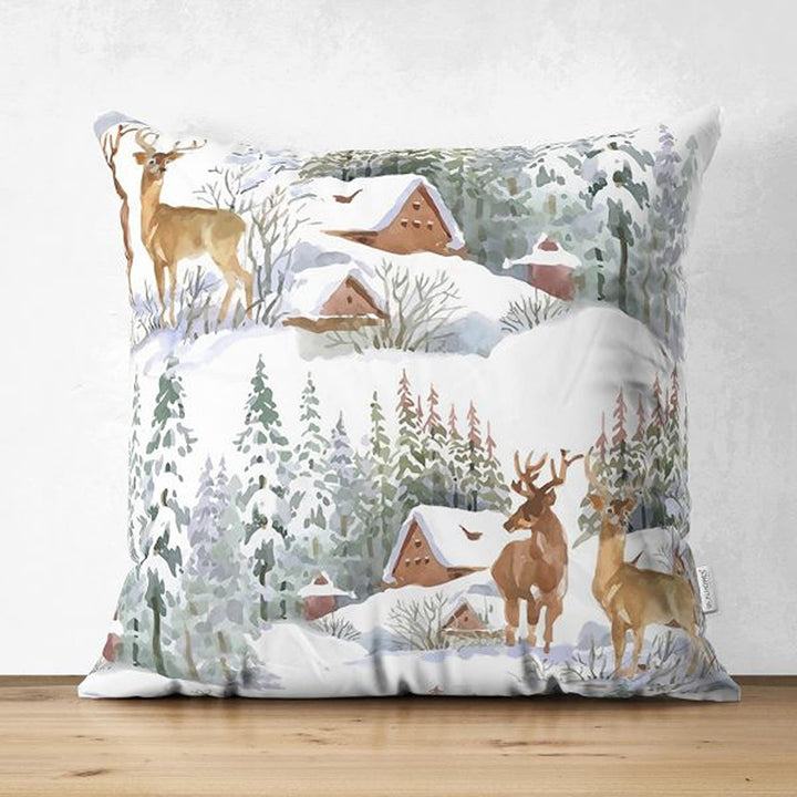 Winter Trend Pillow Cover|House under Snow Cushion Case|Pine Tree and Deer Pillowcase| Christmas Throw Pillowcase|Housewarming Sofa Decor