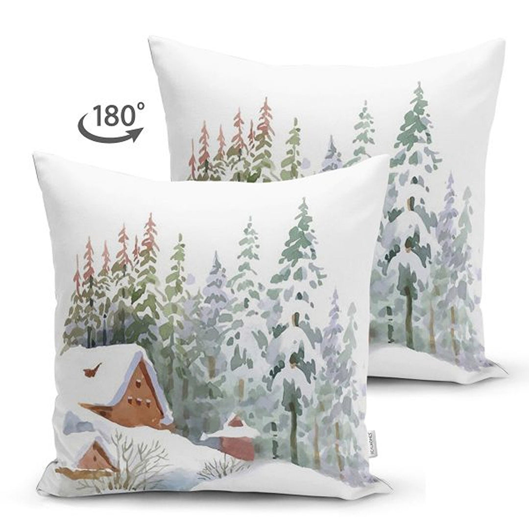 Winter Trend Pillow Cover|House under Snow Cushion Case|Pine Tree and Deer Pillowcase| Christmas Throw Pillowcase|Housewarming Sofa Decor