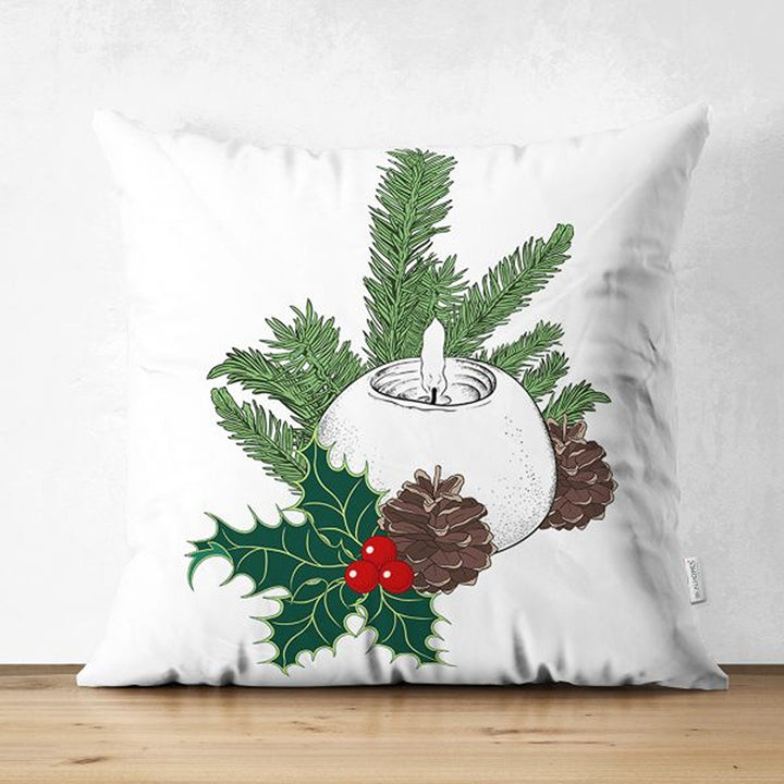 Christmas Pillow Cover|Xmas Candle and Pine Cone Cushion Case|Red White Green Themed Xmas Throw Pillowcase|Winter Trend Housewarming Cushion