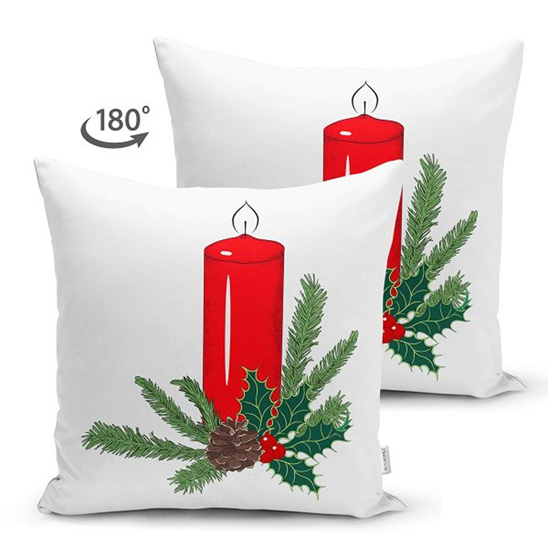 Christmas Pillow Cover|Xmas Candle and Pine Cone Cushion Case|Red White Green Themed Xmas Throw Pillowcase|Winter Trend Housewarming Cushion