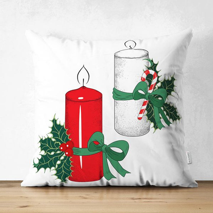 Christmas Pillow Cover|Xmas Candle and Pine Cone Cushion Case|Red White Green Themed Xmas Throw Pillowcase|Winter Trend Housewarming Cushion